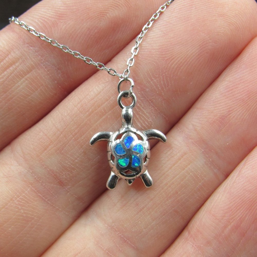 9" Sterling Silver Opal Turtle Charm Bracelet Vintage